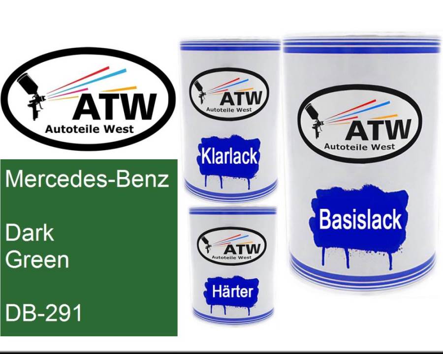 Mercedes-Benz, Dark Green, DB-291: 500ml Lackdose + 500ml Klarlack + 250ml Härter - Set, von ATW Autoteile West.
